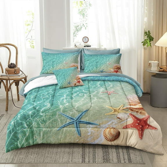 Ocean Beach Comforter Set Queen Size 8 Pieces Bed in a Bag Coastal Style Bedding with 1 Comforter, 4 Pillowcase, 1 Flat Sheet, 1 Fitted Sheet, 1 Cushion Cover