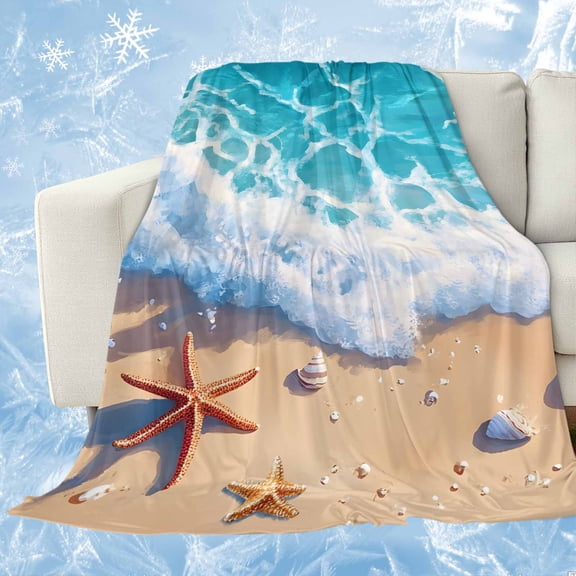 Ocean Beach Cooling Blanket,Lightweight Breathable Summer Throw Blanket with Double Sided Cold Effect,Coastal Nautical Starfish Shells Sea Waves Picnic Blankets Bed Sheet for Hot Sleepers 60"x80"