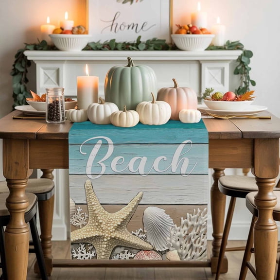 Ocean Beach Cotton Linen Table Runner, Washable Table Runners for Kitchen, Dining Room, Holiday, Home Party Table Decor, 13x108 Inches
