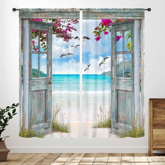 Ocean Beach Curtain,Teal Blue Coastal Nautical Barn Wood Door Sea Scenery Landscape Floral Farmhouse Window Drapery for Bedroom Living Room Bathroom Curtains-42"W x 45"L (Pack of 2)