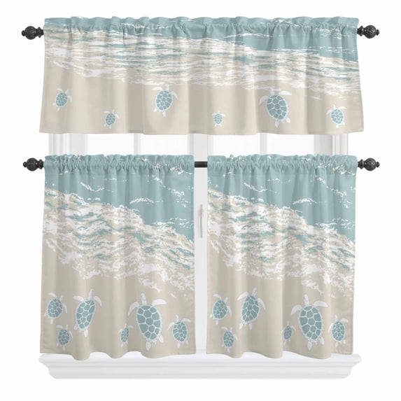 Ocean Beach Curtain Valances Set Hand-Painting Abstract Beige Beach Blue Sea Turtle Kitchen Curtains 36 inch Length Rod Pocket Valance and Tiers 3 Piece Set Small Bedroom Bathroom Laundry Decor