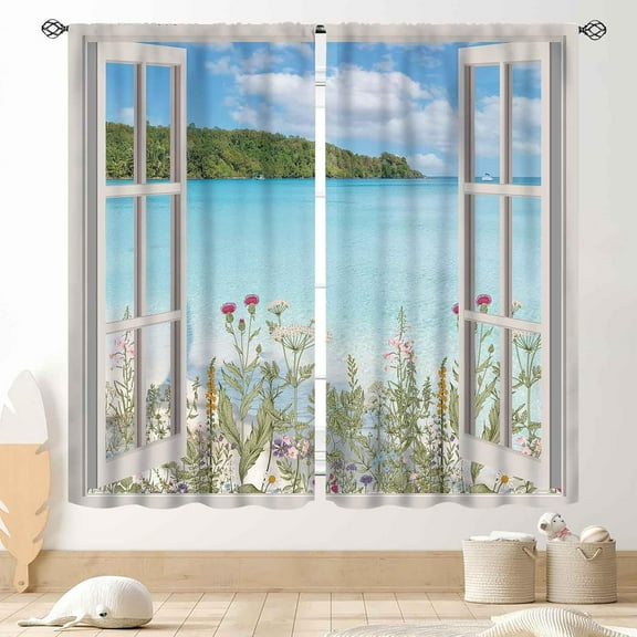 Ocean Beach Curtains, Coastal Nautical Trpical Wildfloral Ocean Landscape Sea Scenery Summer Drapery Treatments for Bedroom Living Room Bathroom Windows 2 Panels, 84"x63" Inch