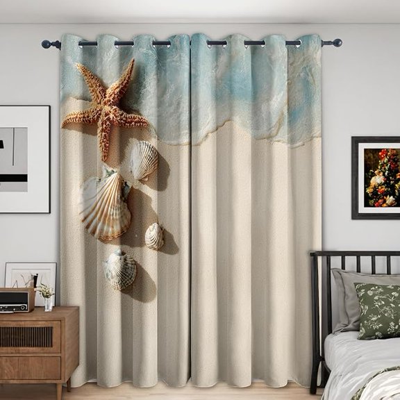 Ocean Beach Curtains for Living Room, Coastal Starfish Seashell Blackout Curtains, Ocean Beach Room Decor, Thermal Darkening Bedroom Window Drapes, Grommets 26"W x 54"L (Pack of 2)