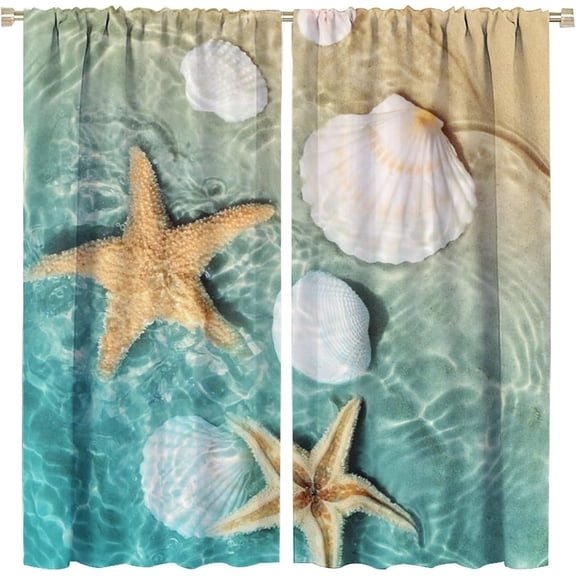 Ocean Beach Curtains, Tropic Vacation Theme Natural Scenery Bright Clear Blue Seawater Conch Starfish Shell Drapes, Rod Pocket Blackout Window Treatments for Living Room Bedroom Bathroom 84x84in