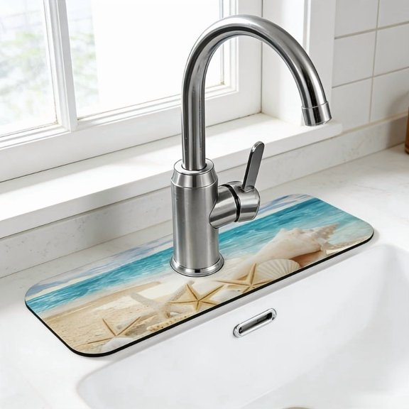 Ocean Beach Diatom Mud Absorbent Pad for Kitchen Sink, Stylish Shell Design Fast Drying Non-Slip Bathroom Mat, Eco-Friendly Odorless Stone Countertop Drying Mat