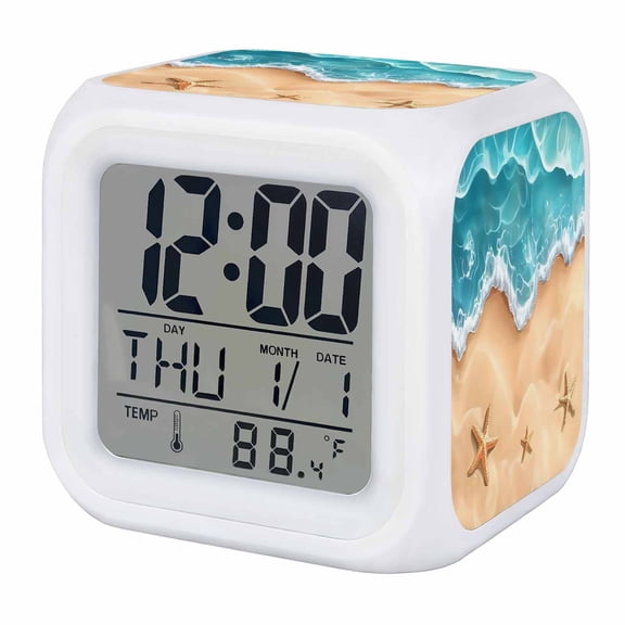 Ocean Beach Digital Alarm Clock for Bedrooms, Smart LED Alarm Clock with 7 Color Changing Night Light, Starfish Sea Waves Coastal Seaside Sand Silent Wake Up Clocks for Sleep Study Cooking 3.2"x3.2"