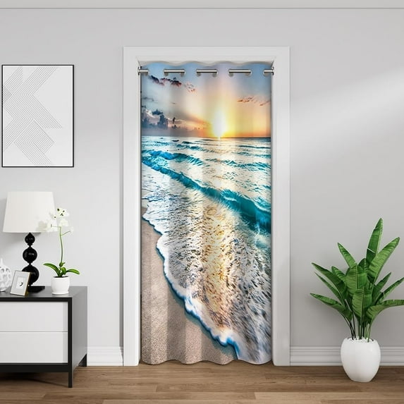 Ocean Beach Door Curtain for Doorway Privacy Summer Blue Ocean Tropical Sea Sky View Hawaiian Coastal Wave Sunrise Scenery Door Cover Curtain for Bedroom Living Room 52x72 Inch,1 Panel
