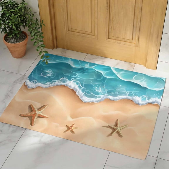 Ocean Beach Door Mat, Non Slip Bathroom Rugs, Starfish Sea Waves Coastal Seaside Sand Absorbent Floor Mats, Washable Runner Rug Indoor Doormat for Front Door Entrance, Patio, Garage 16"x24"
