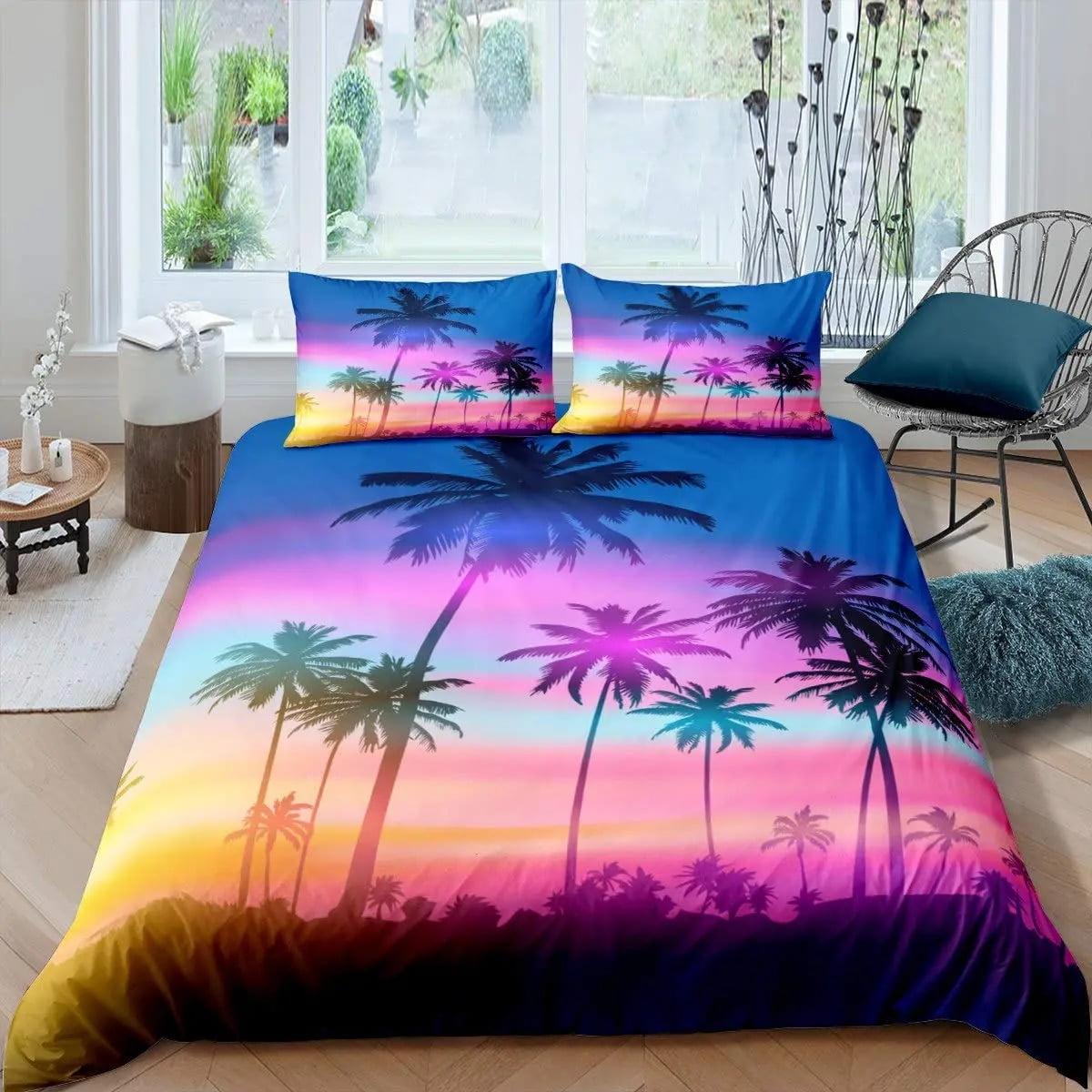 Ocean Beach Duvet Cover Set King Size Tropical Sunset Beach with Palm