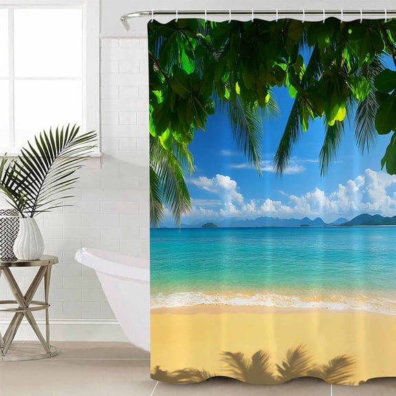 Ocean Beach Extra Long Shower Curtain Set, Waterproof Shower Curtains for Bathroom, Blue Sea Shoreline Coconut Coastal Palm Tree Washable Fabric Cloth Bath Curtain for Bathtub with Hooks 72x96 Inches
