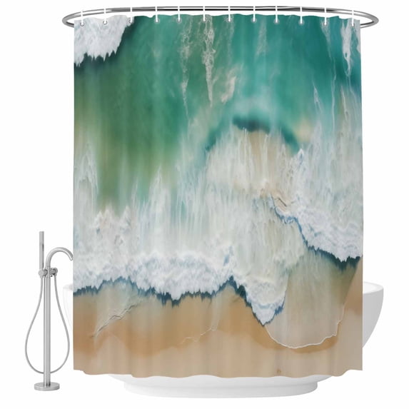 Ocean Beach Fabric Shower Curtain Wave Sand Green Washable Shower Curtains for Bathroom, Waterproof Bath Curtain with Hooks Home Decor 72x84in