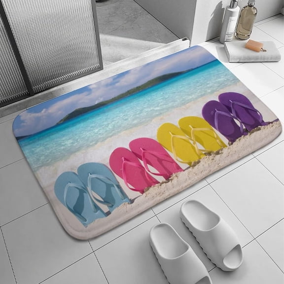 Ocean Beach Flip Flops in Rainbow Color Bath Rugs Absorbent Non Slip Door Mats Soft Carpet Washable Doormat for Kitchen Bathroom Entry Way Decor Accessories 17x30 Inch.