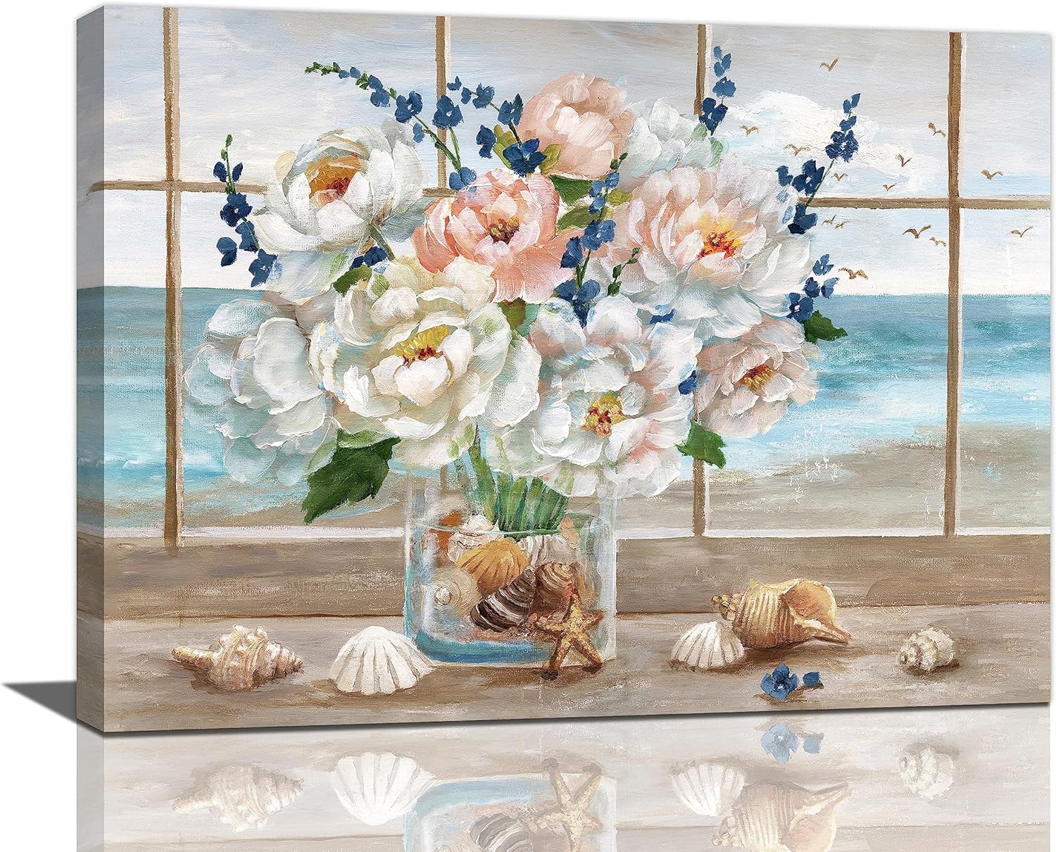 Ocean Beach Flower Wall Art Coastal Seashell Watercolor Floral Pictures ...