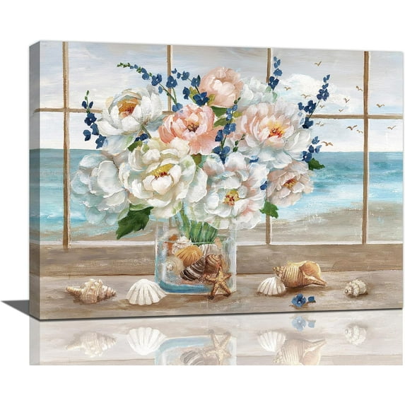 Ocean Beach Flower Wall Art Coastal Seashell Watercolor Floral Pictures Wall Decor Starfish Canvas Paintings Modern Home Decorations Artwork for Bedroom Living Room Office Framed 16"x12"