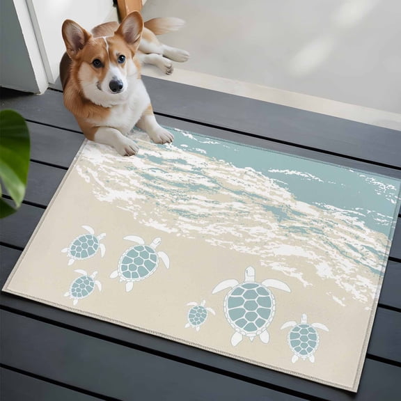Ocean Beach Front Door Rugs 2x3 ft Hand-Painting Abstract Beige Beach Blue Sea Turtle Small Rug for Entryway Non Slip Washable Bathroom Door Mat Absorbent Floor Mat for Indoor Entrance