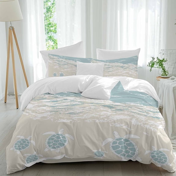 Ocean Beach Full Size Comforter Set, Hand-Painting Abstract Beige Beach Blue Sea Turtle Bedding for All Seasons, 4 Pcs Bed Set, 1Quiltcover (86"x86") ,1Sheet(80"x116"), 2Pillowcases (30"x20")