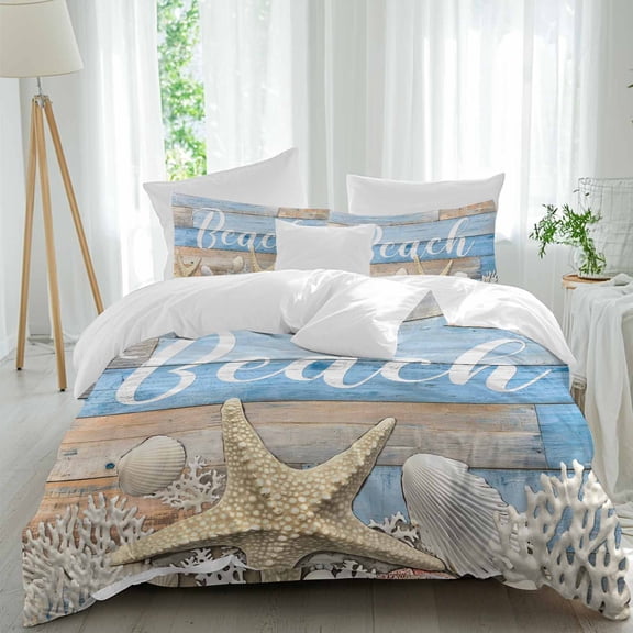 Ocean Beach Full Size Comforter Set, Starfish Shell Coral Blue Brown Wood Grain Farm Bedding for All Seasons, 4 Pcs Bed Set, 1Quiltcover (86"x86") ,1Sheet(80"x116"), 2Pillowcases (30"x20")