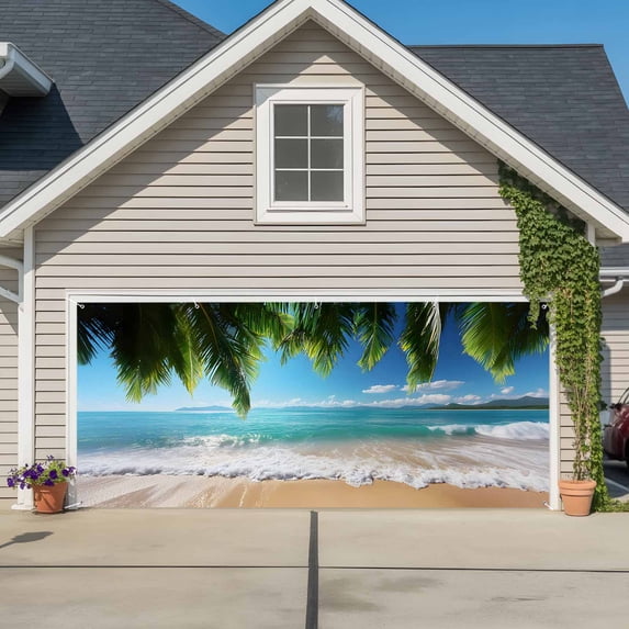 Ocean Beach Garage Door Cover Banner 7 x 16 FT, Palm Trees Summer Tropical Island Seaside Garage Door Curtains Backdrop with Grommets for Indoor Outdoor Wall Party Porch Yard Decorations Background