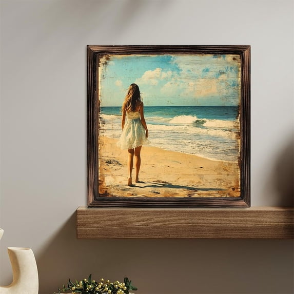 Ocean Beach Girl Artwork Wooden Sign Wall Plaque - Vintage Art Decoration, Wall Decoration - Ideal Gift For Home Decoration, Living Room, Bathroom, Bedroom, Garden, Dining, Bar, Cafe, Festival Part