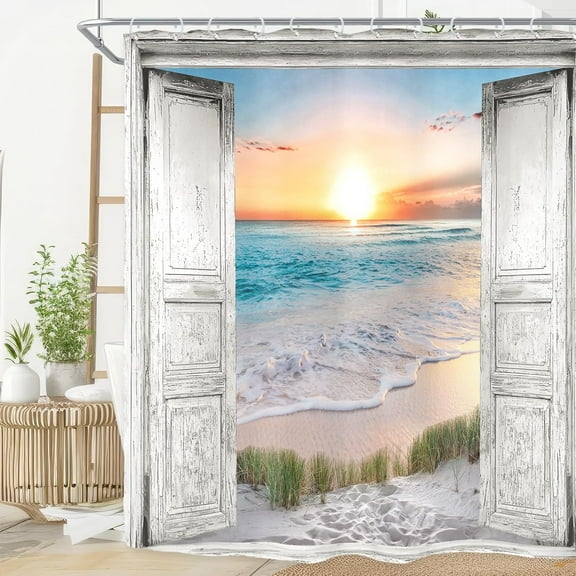 Ocean Beach Grey Barn Door Shower Curtain for Bathroom Decor 72Wx84H Extra Long Hawaiian Sunset Scenery Sea Wave Wooden Rustic Art Printed Fabric Polyester Waterproof 12 Pack Plastic Hooks
