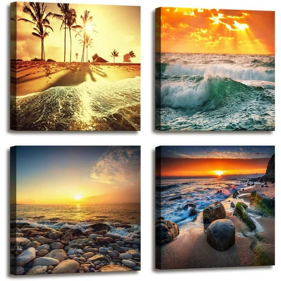 Ocean Beach Home Decor Canvas Prints for Bedroom Decor,Beautiful Seascape Nature Composition of Sea Sunset,Colorful Sunset Over Ocean on Maldives,HD Pictures for Living Room Bathroom Decor 4 pcs/set