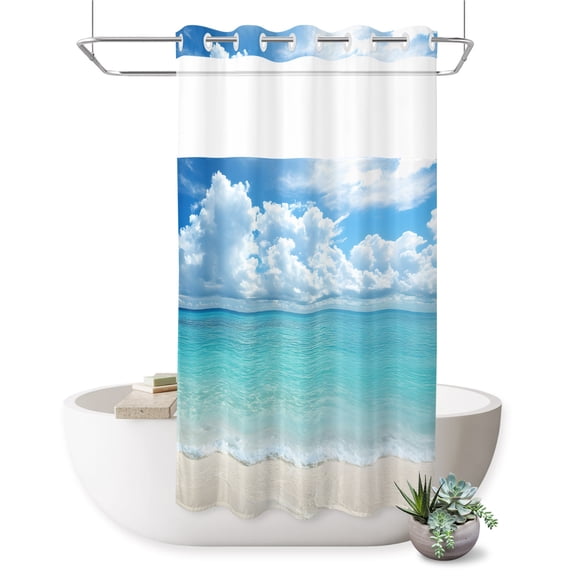 Ocean Beach No Hook Shower Curtain Nature Summer Sky Cloud Shower Curtain with See Through Top Window, Waterproof Washable Fabric Curtain for Bathroom Hotel Decor, 36Wx72L