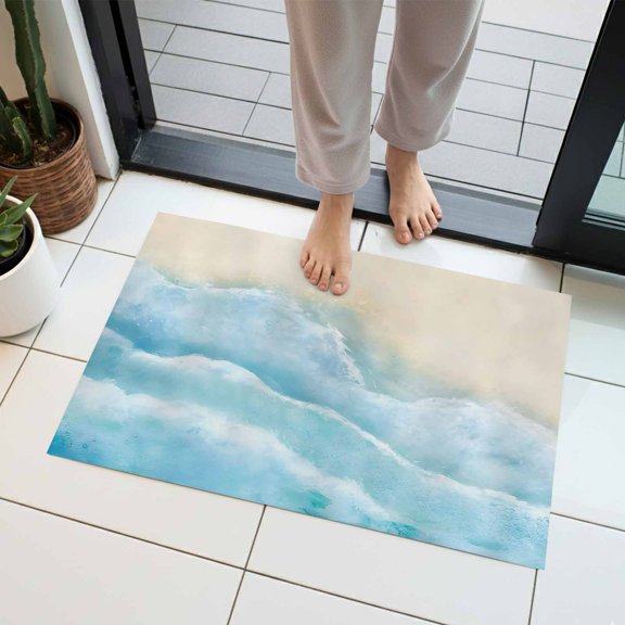 Ocean Beach Indoor Door Mat 16x24 Inch Gradient Blue Ocean Waves Beige Beach Front Door Mat Non Slip Washable Entryway Rug Low Profile Dirt Trapper Doormat for Bathroom Kitchen Bedroom