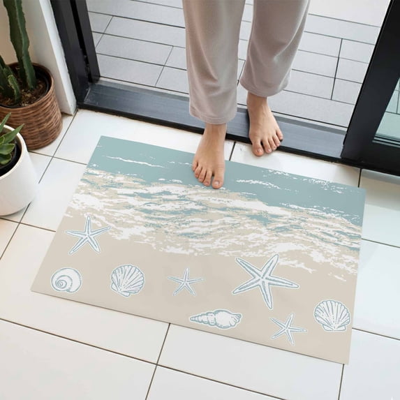 Ocean Beach Indoor Door Mat 16x24 Inch Hand-Painting Abstract Beige Beach Blue Sea Star Shell Front Door Mat Non Slip Washable Entryway Rug Low Profile Dirt Trapper Doormat for Kitchen Bedroom