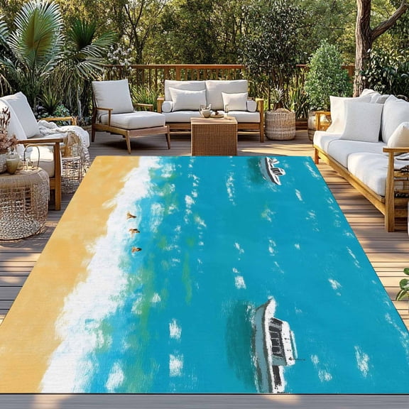 Ocean Beach Indoor Outdoor Rugs 4x6 Ft, Watercolor Summer Cruise Ship Swimmers Outdoor Patio Rugs Mat Washable Outside Area Rugs Carpet for Porch Deck RV Camping Pool Balcony Backyard