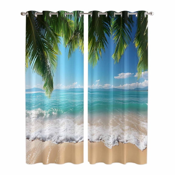 Ocean Beach Kitchen Curtains 84 Inch Length, Palm Trees Summer Tropical Island Seaside Grommet Top Bedroom Living Room Curtains, Light Filtering Cafe Curtain Drapes 2 Panels Set 84''x84''