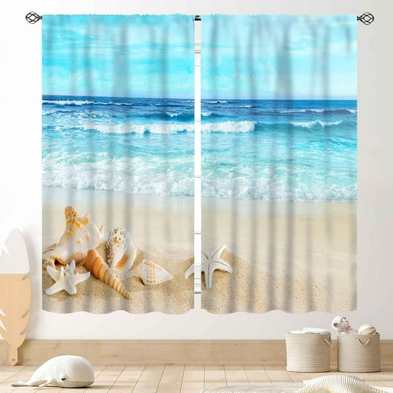 Ocean Beach Kitchen Curtains, Coastal Nautical Starfish Sea Waves Ocean Landscape Tropical View Blue Drapes Treatments for Bedroom Living Room Bathroom Window 2 Panels Set, 42"x63" Inch