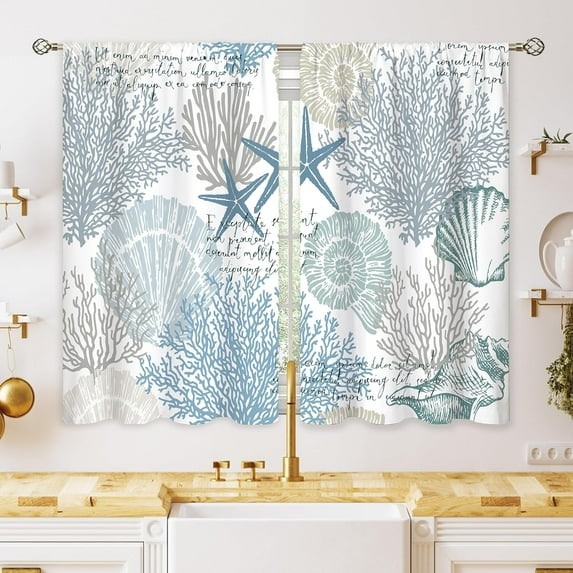 Ocean Beach Kitchen Curtains Nautical Coastal Starfish Seashell Small Window Treatment Underwater Cafe Short Window Curtains for Bathroom Dining Room Blue Sea Treatment Drapes 26x36 inch