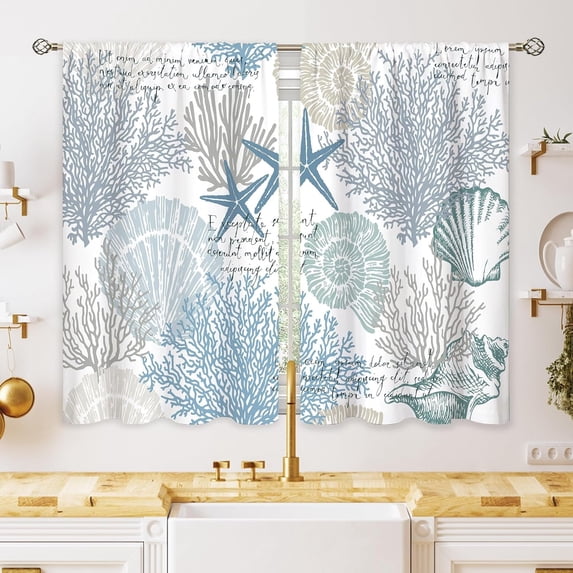 Ocean Beach Kitchen Curtains Nautical Coastal Starfish Seashell Small Window Treatment Underwater Cafe Short Window Curtains for Bathroom Dining Room Blue Sea Treatment Drapes 27.5x39 inch