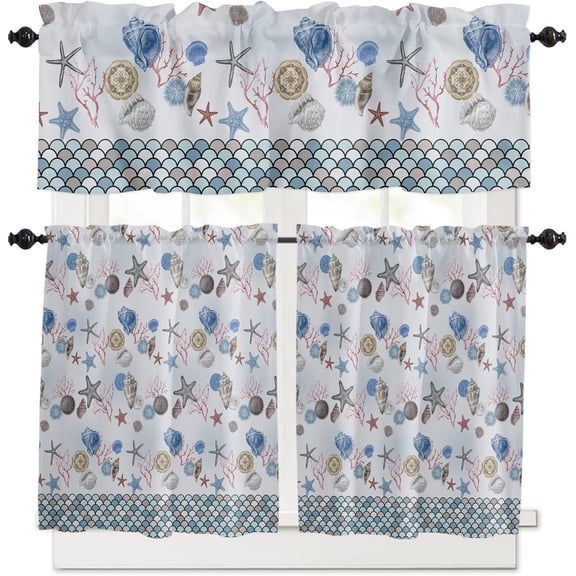 Ocean Beach Kitchen Curtains and Nautical Coastal Valance Set, Fish Scale Starfish Small Short Half Farmhouse Seashell Tier Curtains 24 Inch Length Kitchen Decor for Cafe Bathroom Nursery Bedroom