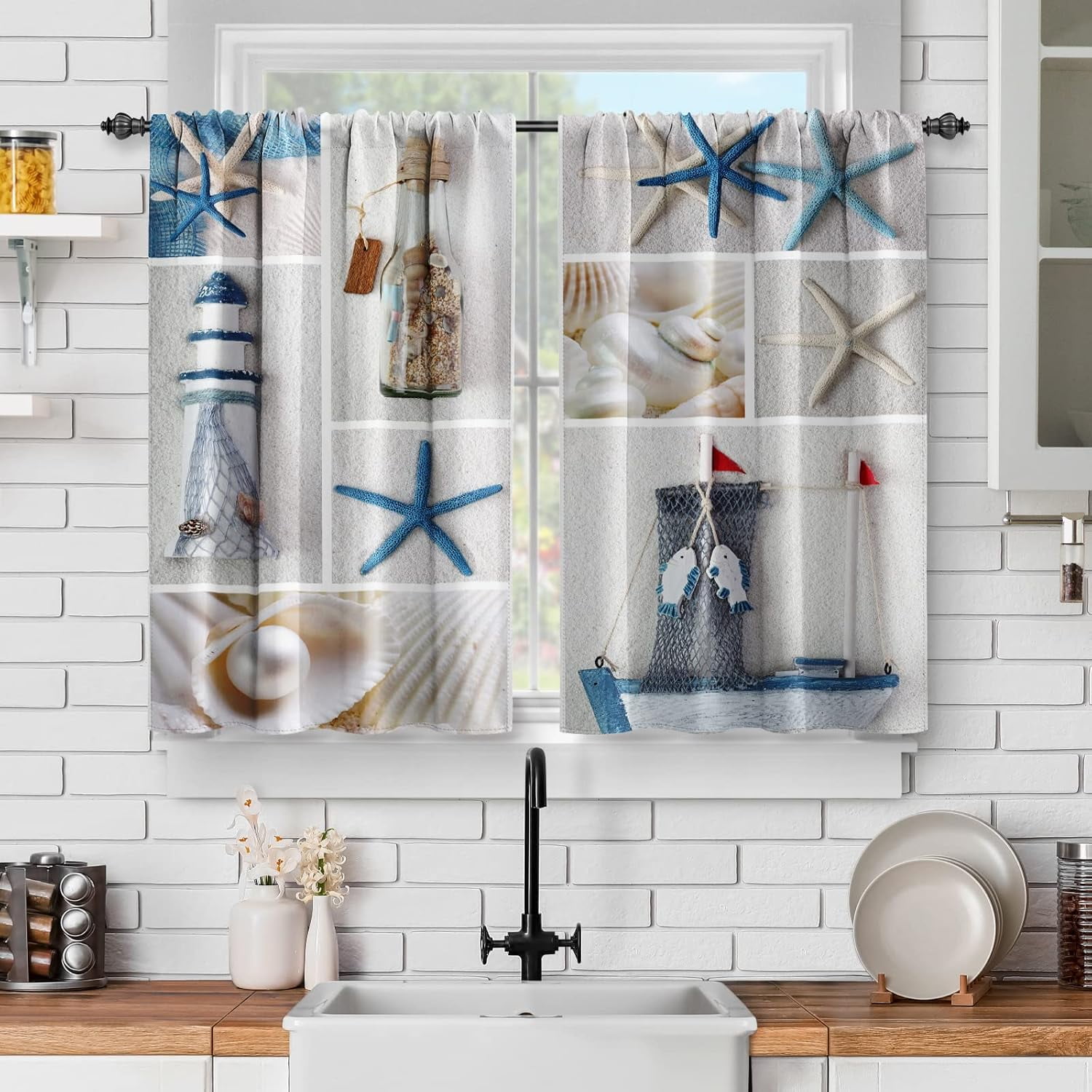 Ocean Beach Kitchen Curtains - Shells Pearls Conch Lighthouse Wishing ...
