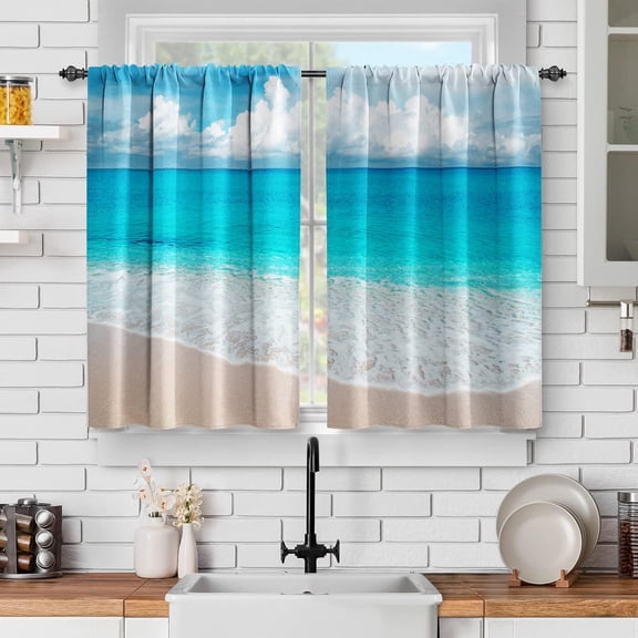 Ocean Beach Kitchen Curtains - Summer Blue Ocean Tropical Sea Sky View Beach Print Decor Home Bedroom Living Room Rod Pocket Window Drapes 2 Panels Set, 56"x36"