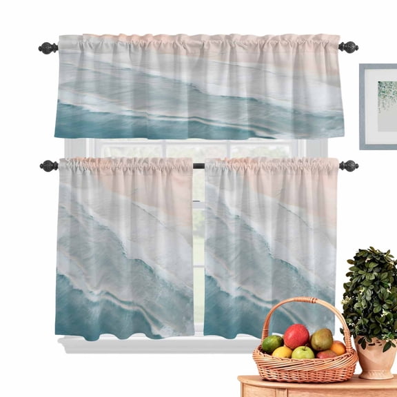 Ocean Beach Kitchen Curtains Valances 3 Piece Set, Summer Waves Rod Pocket Tier Curtain and Valance Drapes for Small Window 24 Inch Length for Bedroom Cafe