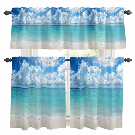 Ocean Beach Kitchen Curtains Valances and Tiers Set of 3 Nature Tier Curtains and Valance with Rod Pocket for Small Windows, 27.5"x24"