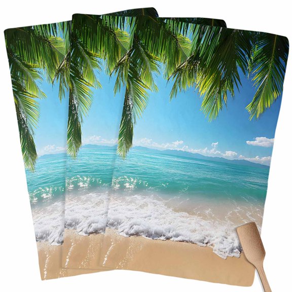 Ocean Beach Kitchen Towel Dish Cloths Set of 3, Microfiber Soft Kitchen Hand Towels, Palm Trees Summer Tropical Island Seaside Absorbent Quick Drying Dishcloths 18 x 28 Inches