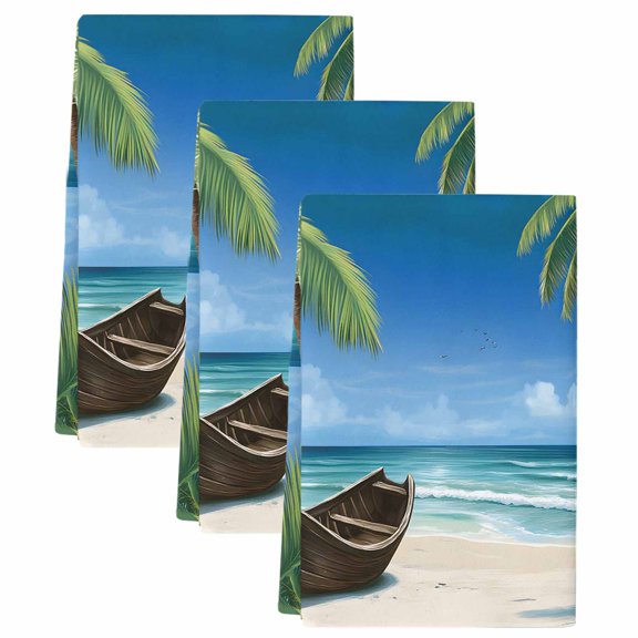 Ocean Beach Kitchen Towels Set of 3, Absorbent Microfiber Dish Tea Towels with Hanging Loop, Blue Coastal Palm Tree Nautical Sailboat Resuable Hand Towel for Home Kitchen Cooking Cleaning 18"x28"