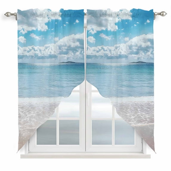 Ocean Beach Kitchen Window Curtains, Swag Curtains Valance for Bedroom Living Room Bathroom, Natural Blue Sea Waves Sky Cloudy Scenery Rod Pocket Window Curtain Block Drapes 2 Panels 36"x36"