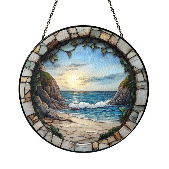 Ocean Beach Landscape Stained Glass Suncatcher Window Hanging Decor, Coastal Sea View Glass Art Panel for Window Decoration Gift Idea