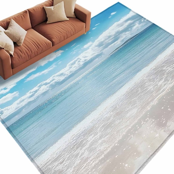 Ocean Beach Large Area Rugs for Bedroom Living Room, Non Slip Carpet Bedside Rug, Natural Blue Sea Waves Sky Cloudy Scenery Rectangular Floor Cover Kitchen Accent Rug 5'x7' for Dining Room/Office