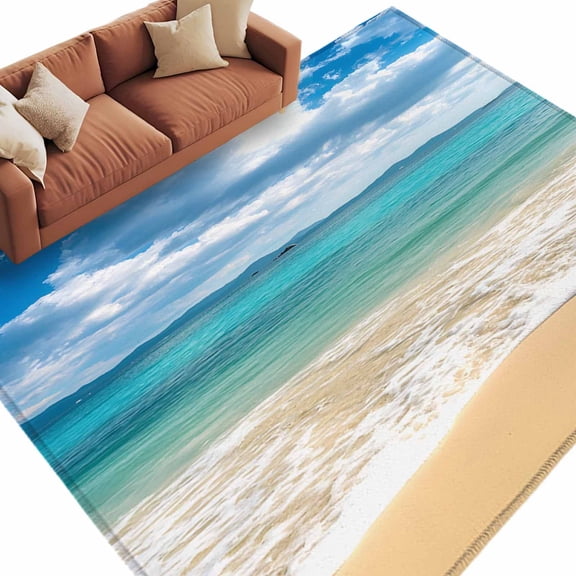 Ocean Beach Large Area Rugs for Bedroom Living Room, Soft Non Slip Carpet Bedside Rug, Blue Sky Waves Sand Horizon Shore Summer Rectangle Floor Cover Kitchen Accent Rug 8'x10' for Dining Room/Office
