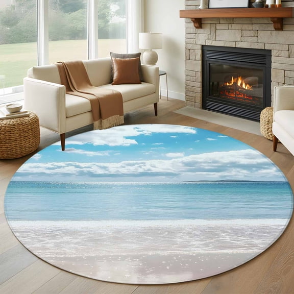 Ocean Beach Large Round Rug 8 FT, Non Slip Living Room Area Carpet, Natural Blue Sea Waves Sky Cloudy Scenery Washable Soft Circle Rug Non-Shedding Floor Carpet for Bedroom Office Dining Room