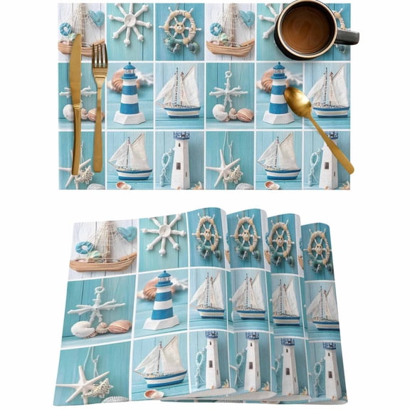 Ocean Beach Lighthouse Starfish Shell Placemats Set of 4,Wipeable Washable Table Mats for Dining Tables,Blue Wood Grain Plaid Place Mats for Kitchen Event Party Tabletop Decor