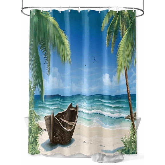 Ocean Beach Long Shower Curtain Set, Waterproof Shower Curtains for Bathroom, Blue Coastal Palm Tree Nautical Sailboat Washable Fabric Cloth Bath Curtain for Bathtub with Hooks 72x84 Inches