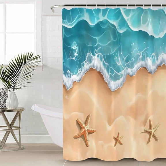 Ocean Beach Long Shower Curtain Set, Waterproof Shower Curtains for Bathroom, Starfish Sea Waves Coastal Seaside Sand Washable Fabric Cloth Bath Curtain for Bathtub Decoration with Hooks 72x84 Inches