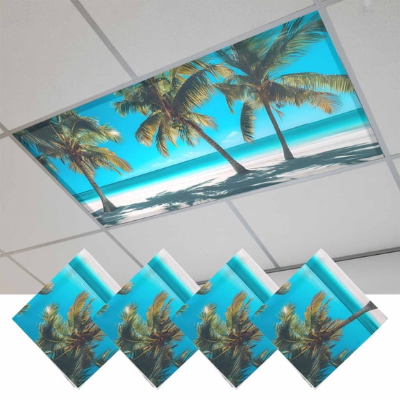 Ocean Beach Magnetic Fluorescent Light Covers for Ceiling Lights 2x4 Feet, Summer Coconut Coastal Sea Landscape Office Classroom Kitchen Drop Ceiling Light Covers Lighting Filters Shade Panel 4 Packs