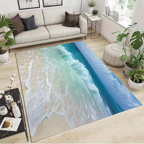 Ocean Beach Natural Landscape Area Rug, Blue Waves Sky Indoor Non Slip Living Room Rug, Machine Washable Breathable Carpet For Sofa Bedroom Study Dining Room Decor Floor Mat 5x8ft